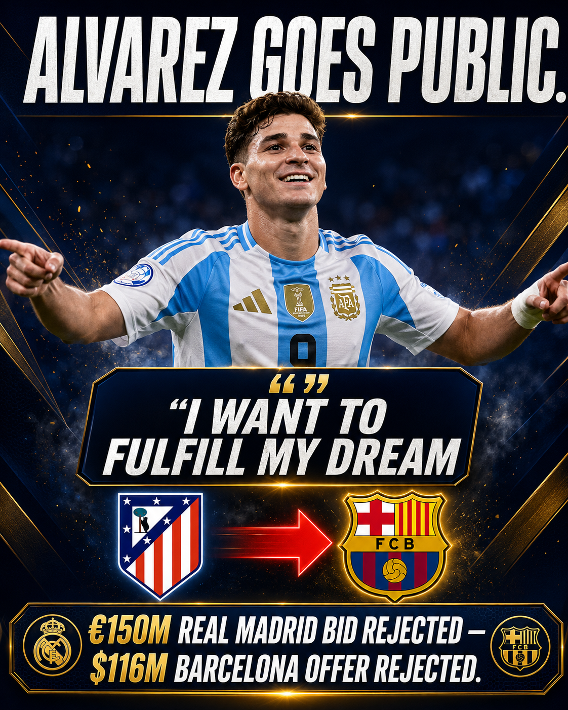Julián Álvarez transfer announcement graphic showing his quote and rejected bids from Real Madrid and Barcelona