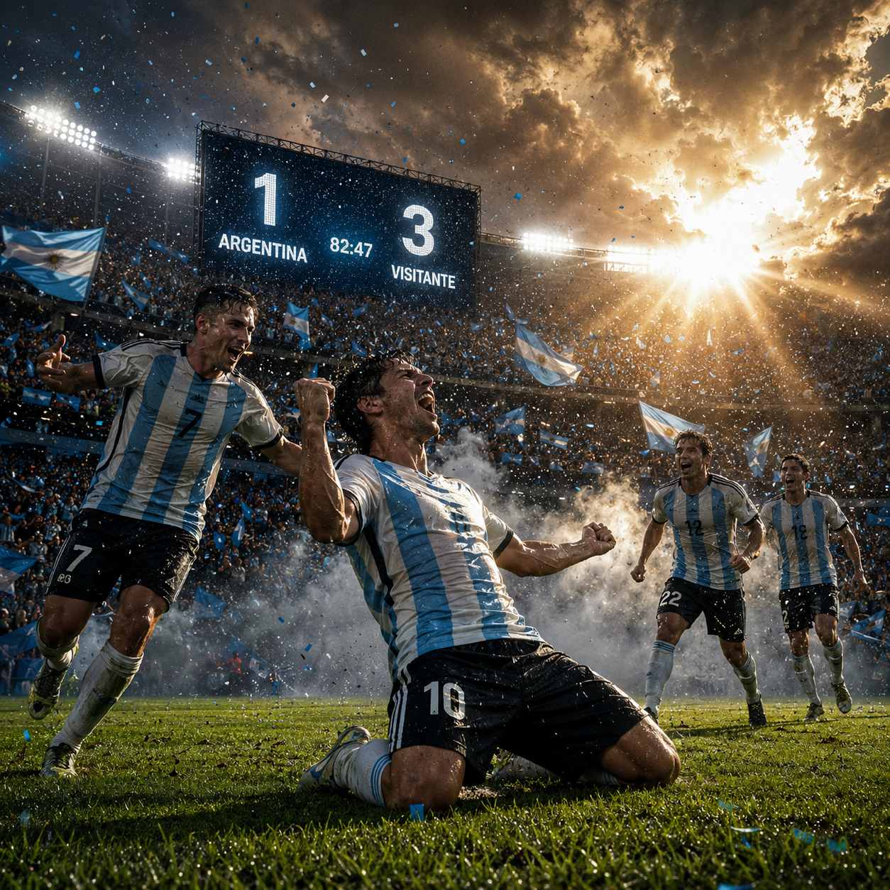 Argentina players celebrating their stoppage-time comeback winner against Egypt in the Round of 16