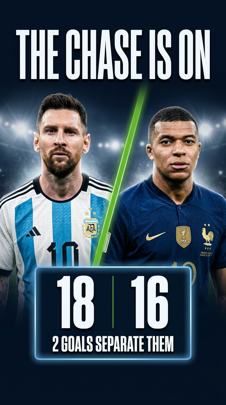 The Chase Is On graphic — Messi 18 goals, Mbappe 16 goals, two goals separate them