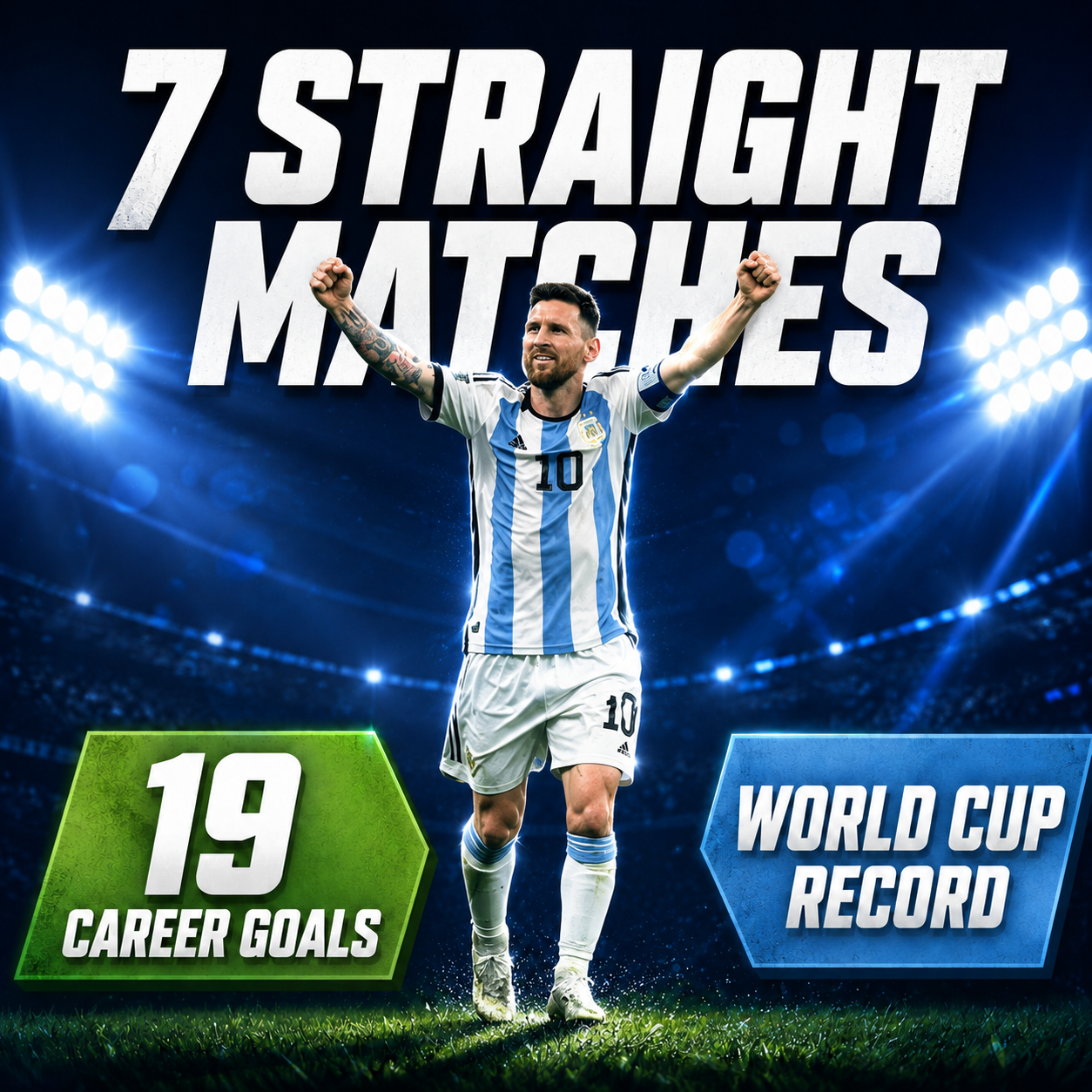 Lionel Messi celebrating his record-breaking seventh consecutive World Cup match goal