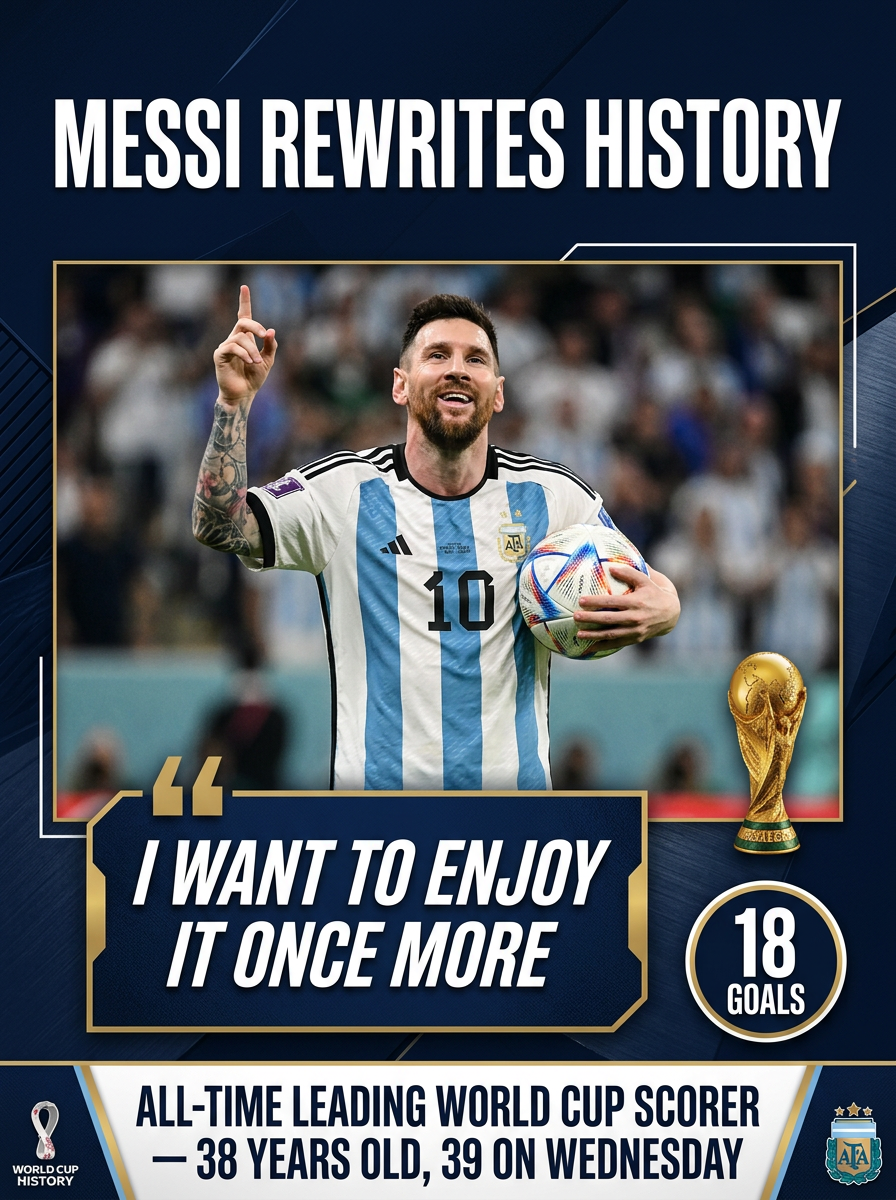 Messi World Cup History graphic — all-time leading scorer with 18 goals