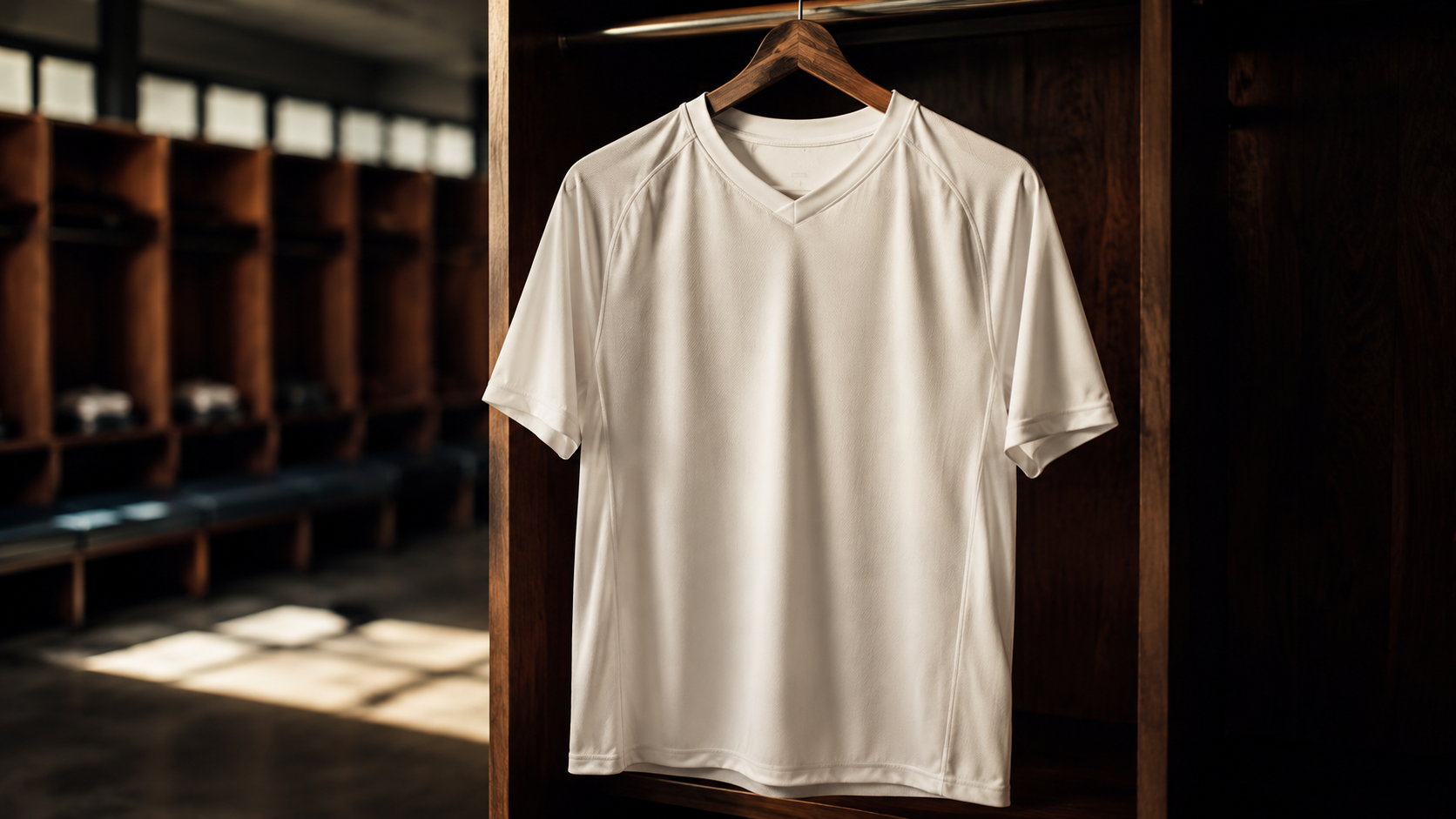 A soccer jersey on a hanger in a softly lit locker room